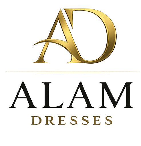 Alam Dresses luxury fashion brand logo in elegant gold typography